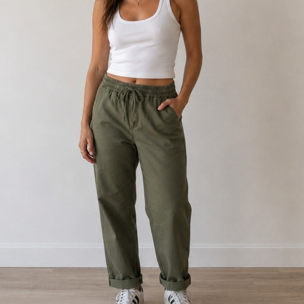 J.Crew Linen Cotton Blend Pants Olive Green Casual Drawstring Earthy Size 4